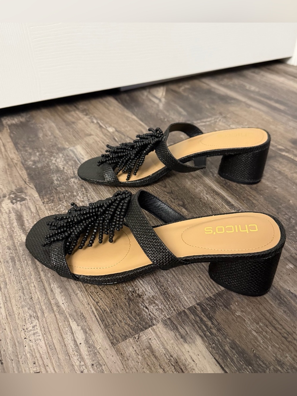 Chico's Women’s Black Beaded Tassel Mid Block Heel Slide Sandals size 9